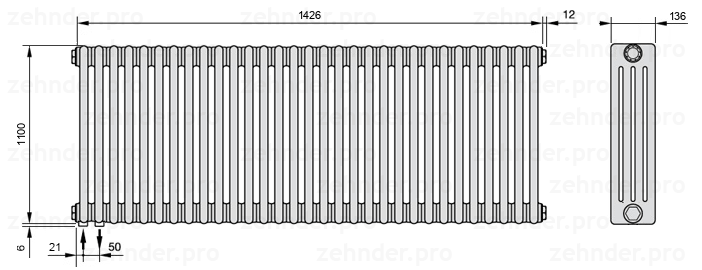Схема (чертеж) Радиатор Zehnder Charleston 4110/31 №3370 Белый глянцевый RAL 9016